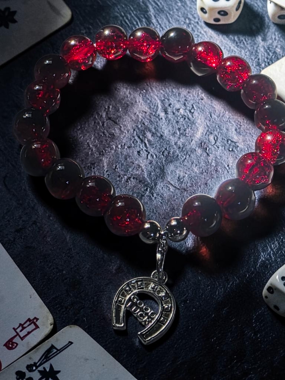 Red Crackle Glass Bead Lucky Horseshoe Charm Bracelet